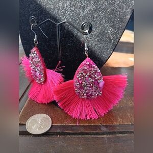 Bright Pink Tassel Teardrop Earrings with Rhinestones - Women Jewelry